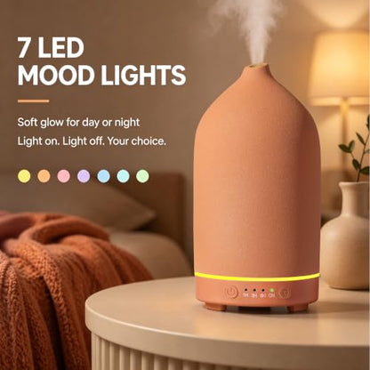 200ML Ceramic Essential Oil Diffuser for Home, Stone Diffuser | Ultrasonic Aromatherapy Diffuser & Air Humidifier for Bedroom, Office, Yoga, 7 LED Lights, Auto Shut-Off, 3 Timers, Brown - color: Brown