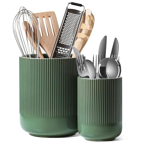 LE TAUCI Utensil Holder for Kitchen Counter, 7.3"+5.4" Fluted Ceramic Utensil Crock Organizer for Countertop, Heavy Large Holder for Spatulas, Spoons, Set of 2, Forest Green - color: Forest Green