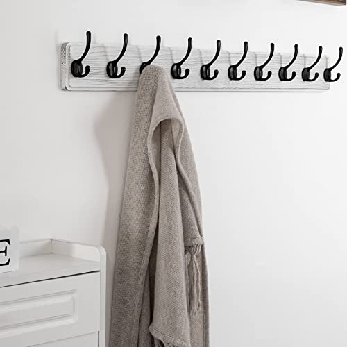 SKOLOO Rustic Wall Mounted Coat Rack, Case of 2, Pine Solid Wood Coat Hook Hanger - 10 Hooks for Hanging Clothes Robes Towels Coats - color: White Plate & Black Hook, size: 2 Item-10 Hooks