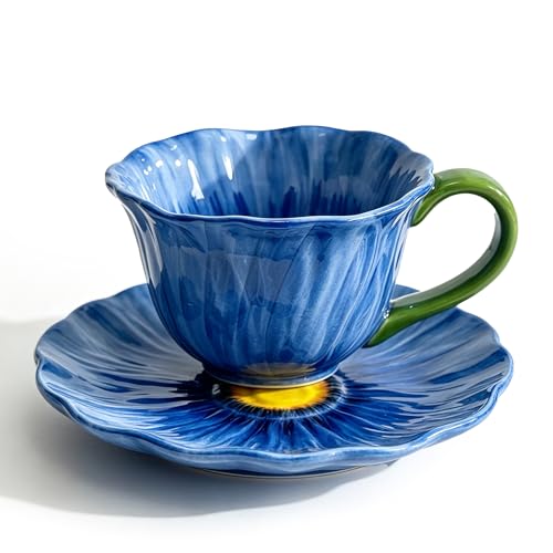 Decorative Ceramic Flower Coffee Cup Set, 5.5 Inch, Peony Floral Design, Serving Dish for Desserts and Fruits, Elegant Tableware (Blue) - color: Blue