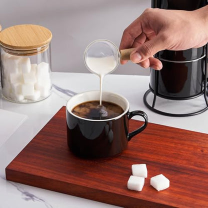 10oz Porcelain Stackable Coffee Mugs and Metal Stand Set of 4, Espresso Cups Set for Hot Drinks, Cappuccino, Tea-Black - color: Black