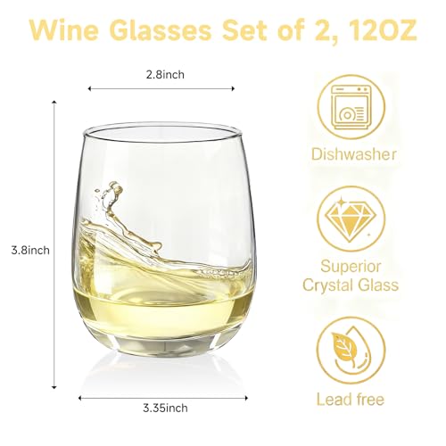 Stemless Wine Glasses, Red Wine Glasses Set of 2, Glasses 12 oz, Smooth Rim Wine Glass Set, Cute Wine Glasses Perfect for Wedding, Anniversary or Christmas Holiday Gifts