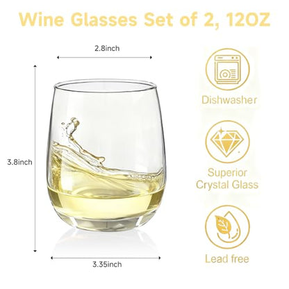 Stemless Wine Glasses, Red Wine Glasses Set of 2, Glasses 12 oz, Smooth Rim Wine Glass Set, Cute Wine Glasses Perfect for Wedding, Anniversary or Christmas Holiday Gifts