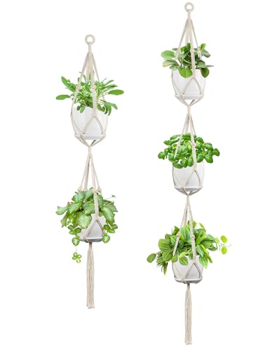 USLAI Macrame Plant Hanger Indoor Outdoor, Up to 4-8 Inch Pots, Strong Hanging Planter Holder, Boho Home Decor, 49+72 Inch, Ivory (POTS NOT Included) - color: 49+72 Inch - Ivory