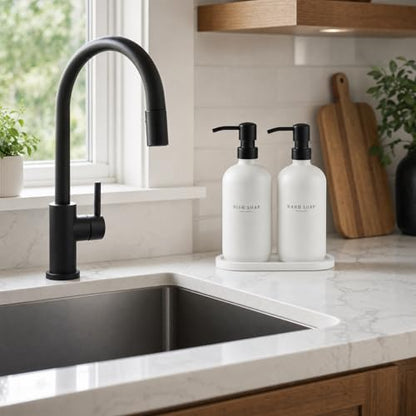 Glass Soap Dispenser - Dish Hand Soap Dispenser for Kitchen Set, Bathroom Soap Lotion Dispenser with 304 Rust Proof Pump, Tray, White Bottle/Black Pump - color: White Bottle/Black Pump + Tray + Funnel
