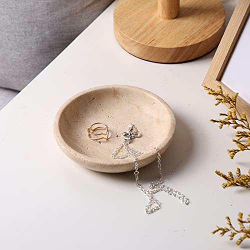 Natural Marble Travertine Ring Dish Jewelry Tray 5.5" for Women, Marble Trinket Dish for Key Earring Nightstand, Mother's Day Engagement Birthday Gift - Beige Travertine - color: Beige Travertine