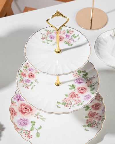 Sweejar 3 Tier Ceramic Cake Stand Wedding, Dessert Cupcake Stand for Tea Party Serving Platter (Rose Flower) - color: Rose Flower