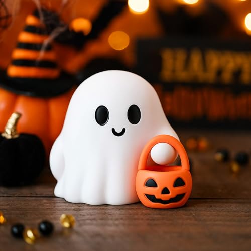 Halloween Ghost Figurine Cartoon Cute Spooky Carrying Pumpkin Basket Desk Display Ornament Tiny Trick or Treat Ghost Resin Halloween Statue for Home and Office Tabletop Decor Supplies - color: 1pc Ghost Pumpkin