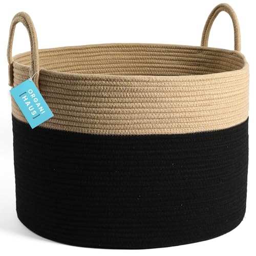 OrganiHaus Round Toy Basket & Blanket Basket, Cotton Rope 20x13" | Black / Honey - Round Cotton Rope Basket, 20x13" - color: Black / Honey, size: Wide