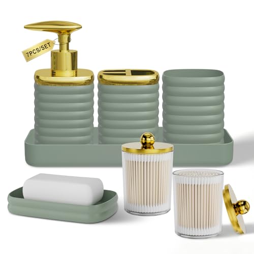 Bathroom Accessory Set - Gorgeous Bathroom Set, 7PC Sage Green Bathroom Accessories Set, Soap Dispenser, Toothbrush Holder, Qtip Holder Set, Bathroom Accessories Sets Complete for Home - color: Sage Green&gold