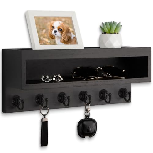 Key and Mail Holder Wall Mount, Key Hanger with Long Storage Box and 6 Hooks for Coat, Dog Leash, Home Decor Rack, House Accessories, Entry Way Organizer (Black) - color: Black