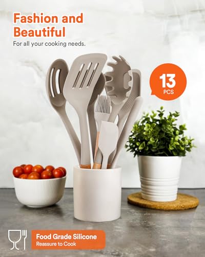 Kitchen Utensils Set, 13PCS Silicone Cooking Utensils, Heat Resistant Kitchen Utensil Spatula Set for Nonstick Cookware, Wooden Handles Kitchen Gadgets Tools Set - color: Khaki