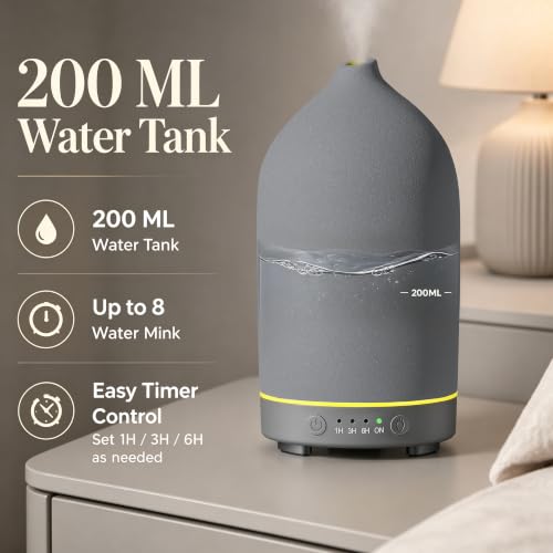 200ML Ceramic Essential Oil Diffuser for Home, Stone Diffuser | Ultrasonic Aromatherapy Diffuser & Air Humidifier for Bedroom, Office, Yoga, 7 LED Lights, Auto Shut-Off, 3 Timers, Grey - color: Grey