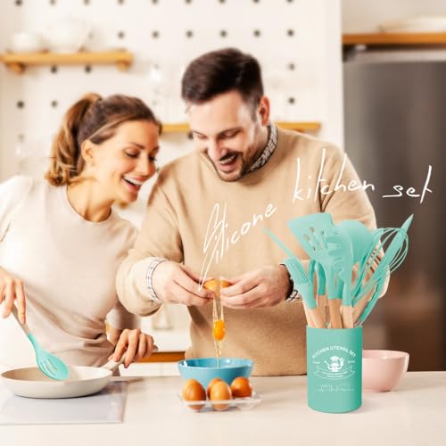 Kitchen Utensils Set Silicone Kitchen Utensils Set with Wooden Handle Utensils for Cooking Heat Resistant Silicone Non-Stick Cookware BPA FREE (Dark Green) - color: Dark Green