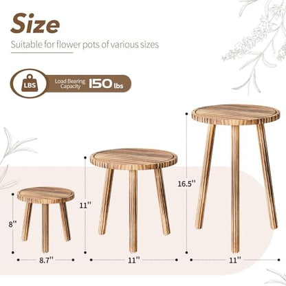 Plant Stand Indoor - 3-Pack Taller Single Wood Plant Stand for 6-12 Inch Pots, Mid-Century Modern Plants Stool for Large Plants, Small Round Wooden Planter Table for Living Room, Balcony