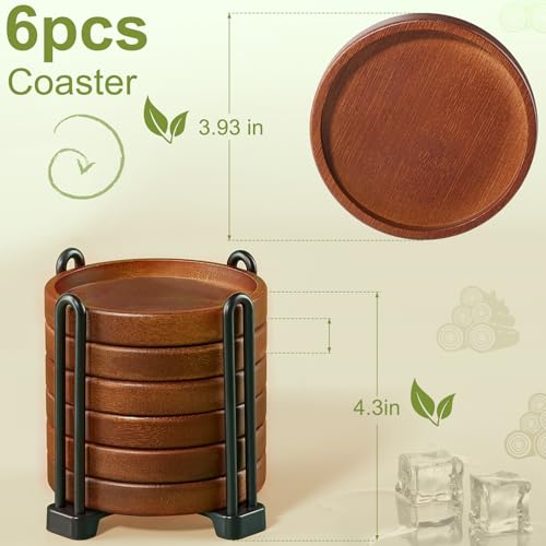 Set of 6 Wooden Coasters with Holder-Coffee Table Coasters for Drink | Wood Coaster Set for Modern Home Decor, Home Dining Table Decor Cute Beer Bar Coasters Decorative Rustic Outdoor Coasters