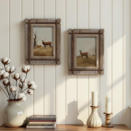Afuly 5x7 Picture Frames Set of 2 Rustic Wood Farmhouse Unique Photo Frame | Distressed Western with Real Glass & Hemp Rope, Wall and Tabletop, Home Decor Birthday Gifts for Mom Dad Friends - size: 5x7