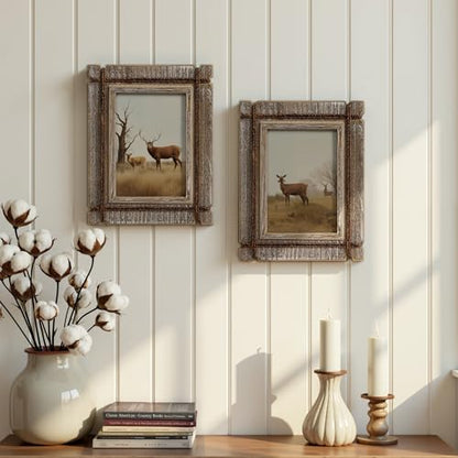 Afuly 5x7 Picture Frames Set of 2 Rustic Wood Farmhouse Unique Photo Frame | Distressed Western with Real Glass & Hemp Rope, Wall and Tabletop, Home Decor Birthday Gifts for Mom Dad Friends - size: 5x7
