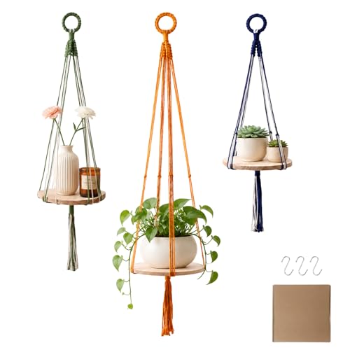 Macrame Hanging Planter with Shelf, Boho Plant Hanger for Indoor Window | Wooden Hanging Plant Shelf with Hook, Plants Basket Holder for Outdoor Balcony Living Room, Farmhouse Rustic Wall Decor, 3PCS - color: Green + Orange + Blue