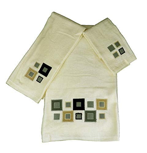 Marina Decoration Premium Luxury Decor Ultra Soft 100% Cotton Embroidered Bathroom Modern 3 Piece Towel Set, Ivory Background with Multi Squares Pattern - color: Ivory With Multi Squares