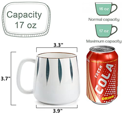 DEAYOU Set of 4 Porcelain Coffee Mugs, 17 Oz Ceramic Coffee Cups with Handles, Large Hand-Painted Tea Cups for Cappucino, Milk, Latte, Cocoa, Hot or Cold Drinks, Microwave & Dishwasher Safe