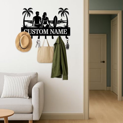 NIWAHO Personalized Key Holder Wall Mount Palm Tree Couple Silhouette Metal Key Hooks – Custom Name Wall Rack for Entryway, Kitchen, Bedroom, Anniversary or Housewarming Gifts - color: Couple Windsurfing