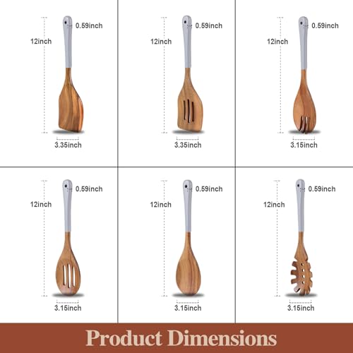 Wooden Spoons For Cooking, 6 Pieces Natural Acacia Wooden Cooking Utensils or Non-Stick Wooden Kitchen Utensil Set for Kitchen Essentials, Wood Cooking Utensils Set with Hanging Hole, Grey - color: Gray