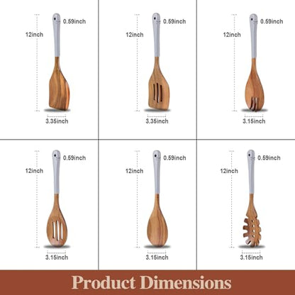 Wooden Spoons For Cooking, 6 Pieces Natural Acacia Wooden Cooking Utensils or Non-Stick Wooden Kitchen Utensil Set for Kitchen Essentials, Wood Cooking Utensils Set with Hanging Hole, Grey - color: Gray