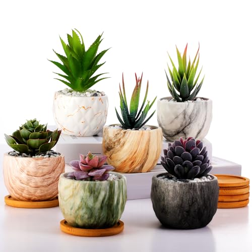 Marbling Ceramic Flower Pot 3.35 Inch Succulent Small Plant Cactus Herbs Planter Ceramic Pot with Drainage Hole Matte Round Container(6 Pcs,Elegance Style) - style: Elegance Style