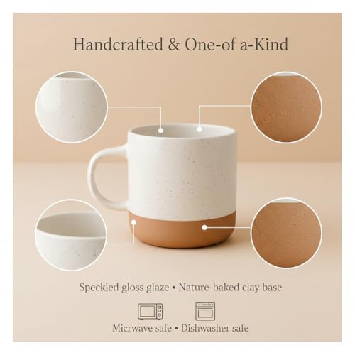Givenne Handcrafted Speckled Ceramic Coffee Mug 12 oz, Rustic White Stoneware Cup with Clay Base, Single Coffee or Tea Mug Gift