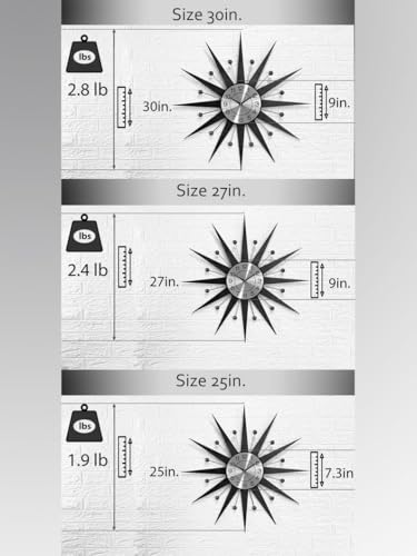 30" 27" 25" Burnt Orange Atomic Wall Clock Starburst Clock Brass Gold Large Clock Vintage Modern Industrial Clock (Brown,25in)