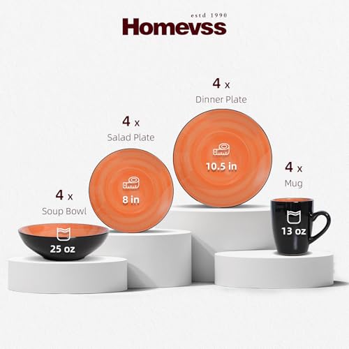 HomeVss Sonoma 16 Piece Stoneware Dinner Set, Outside Black + Inside Handpainted Color Orange with speckle - color: Orange