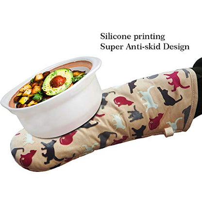 Oven Mitts 1 Pair, Non Slip Clear Silicone Printed Rooster Kitchen Gloves | Heat Resistant 480 ℉ Comfortable Cotton Lining Kitchen Men Cooking Barbecue Machine Washable (Cat, Khaki Mittens) - color: Cat, Khaki Mittens