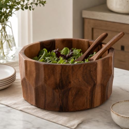 Arthur Court Large Diamond Pattern Acacia Wood Salad Serving Bowl - Modern Centerpiece for Fruits or Salads - 12" Diameter 6" Tall - size: Diamond