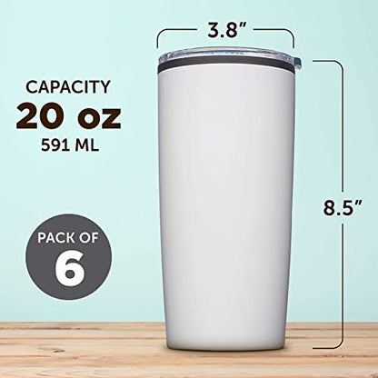 DISCOUNT PROMOS Plastic Tumblers 20 oz. Set of 6, Bulk Pack - With lids, Ice Coffee Tumbler, To Go Cup, Insulated - White - color: Blank – White