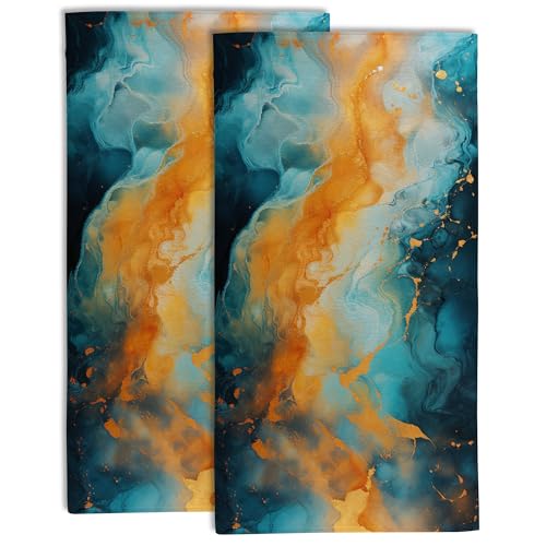 Teal and Orange Marble Hand Towel Set of 2,Abstract Modern Luxuxy Marble Bathroom Kitchen Hand Towel,Soft Absorbent Decorative for Bathroom Kitchen Hotel Gym Yoga - color: Color12