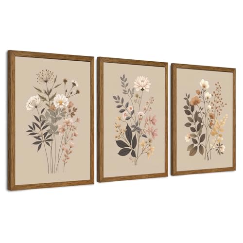 AVECCO 3 Pieces Vintage Floral Wildflower Framed Canvas Wall Art 16x24 Inch | UV Fade-Resistant Ink, Giclee Prints, Wooden Frame, Triptych Flowers Botanical Leaf, Ready to Hang, Living Room Bedroom Decor - color: Posen Vintage Floral, size: 24"L x 16"W