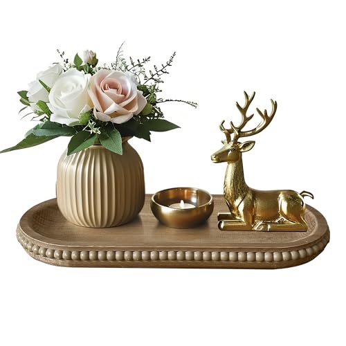 Wooden Farmhouse Decorative Tray, 11.8in Rustic Beaded Tray for Living Room Decor, Kitchen Table Décor, Oval Coffee Table Serving Tray (Natural) - color: Natural