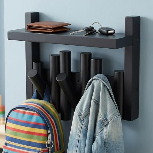 Bamboo Wall Mounted Coat Rack with Shelf Flip Down Wooden Hooks for Entryway Hallway Bedroom | Matte Black Piano Hanger, 3 Hooks, Space Saving Organizer - color: Black, size: 3-Hook with Shelf