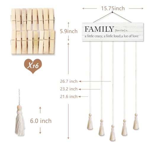 Family a Little Crazy Photo Hanging Display Board with 16 Clips, Rustic Wood Picture Collage Frame with Tassels Farmhouse Wall Decor - color: Family A Little Crazy