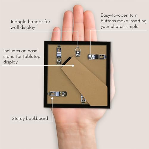 Americanflat 4x4 Picture Frame - Slim Molding - Black | Shatter-resistant glass, wall or tabletop display with included easel, triangle hangers included, secure turn-tab backing - color: Black, size: 4x4