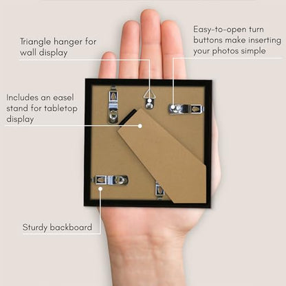 Americanflat 4x4 Picture Frame - Slim Molding - Black | Shatter-resistant glass, wall or tabletop display with included easel, triangle hangers included, secure turn-tab backing - color: Black, size: 4x4
