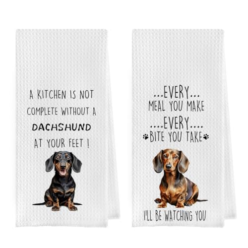 Funny Dachshund Dish Towels Set - Dachshund Gifts Waffle Weave Kitchen Towels, Wiener Dog Decorative Hand Tea Towels for Bathroom Kitchen, Wiener Dog Gifts for Women (16×24 Inches Set of 2) - color: Dachshund