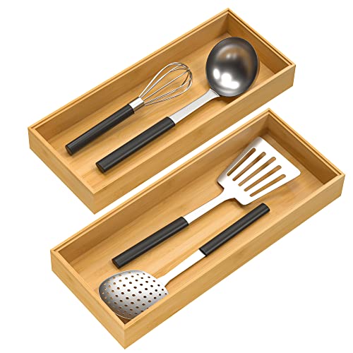 VeyFey Bamboo Drawer Organizer, Stackable Utensil Organizer for Kitchen, Bamboo Storage Box Wood Silverware Tray for Drawer 15" x 6" x 2" Set of 2 - size: 15" x 6" x 2"