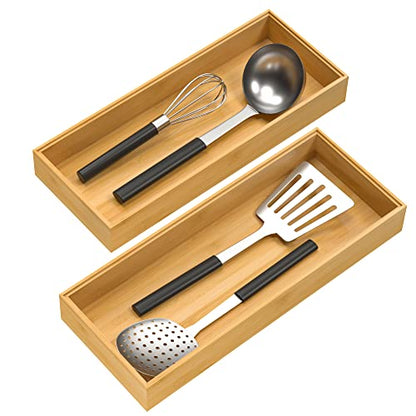 VeyFey Bamboo Drawer Organizer, Stackable Utensil Organizer for Kitchen, Bamboo Storage Box Wood Silverware Tray for Drawer 15" x 6" x 2" Set of 2 - size: 15" x 6" x 2"