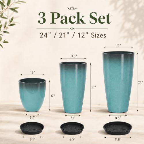 Neoaider Set of 3 Tall Planter, 24/21/12in Large Plastic Planter, Sky Blue | Ceramic-Look, Lightweight, Built-in Drain Hole, Saucers, Tall Outdoor Planter for Porch, Garden, Patio, Balcony - color: Sky Blue