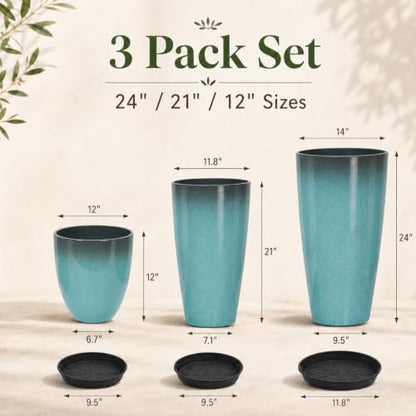 Neoaider Set of 3 Tall Planter, 24/21/12in Large Plastic Planter, Sky Blue | Ceramic-Look, Lightweight, Built-in Drain Hole, Saucers, Tall Outdoor Planter for Porch, Garden, Patio, Balcony - color: Sky Blue