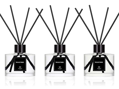 Reed Diffuser Set of 3 for Bathroom Air Fresheners, Oil Diffuser Sticks | Fresh Linen, Ocean, Eucalyptus & Mint Scent(1.7 fl oz Each Pack) Fragrance with 12 Sticks Defusers | Shelf Decor