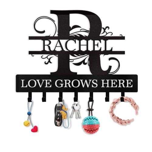 Personalized Key Holder for Wall - Love Grows Here Key Holder Wall Mount | Key Organizer Rack Monogram Design, Custom Family Name Key Rack Coat Hooks for Bedroom Doorway Hallway , Housewarming Gifts - color: 02 Monogram