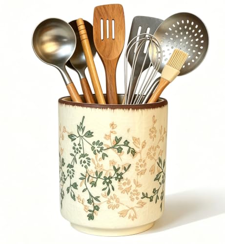 Farmhouse Ceramic Utensil Holder,Green Floral Kitchen Utensil Crock,Countertop Cooking Tool Organizer ，Decor Vintage Vase Ceramic Pitcher for Housewarming Gift